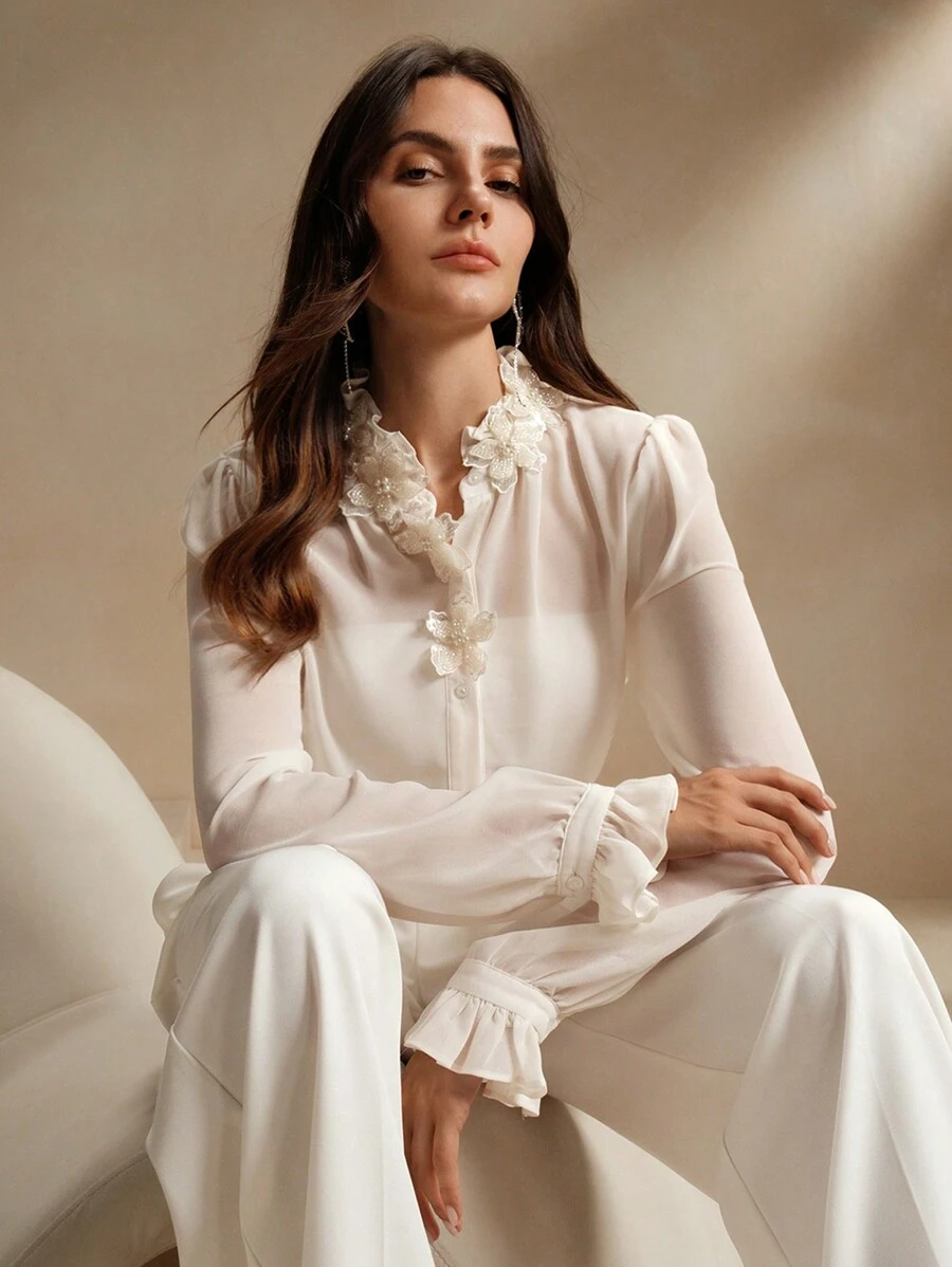 Anewsta 女士优雅手工花卉领装饰宽松轻便长袖衬衫，秋冬，长袖上衣 - 杏色 - 查看 1