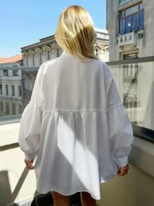 EURMUSE 100%Cotton Diamond Decorated Lantern Sleeve Shirt With Stand Collar - White - View 2