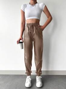 EURMUSE 女士pu皮正面綁帶褲 - 銅色 - 查看 5