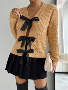 SHEIN LUNE 杏色蝴蝶結裝飾休閒寬鬆女式針織開衫