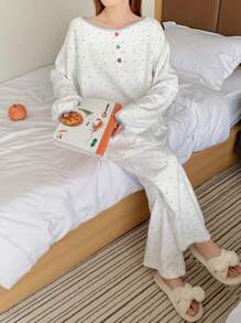 DAZY Polka Dot Print Velour Fabric Colorful Button Decor Pajama Set