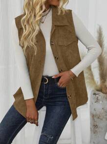 SHEIN LUNE Áo khoác nữ không tay màu trơn đơn giản, thoải mái, không nút phía trước - màu nâu - Xem 5