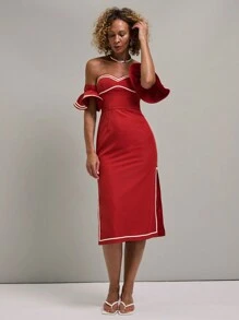 SHEIN Unity Women's Off-Shoulder Ruffle Trim Colorblock Midi Dress