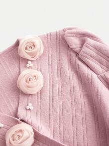 Teen Girl Pink Pullover Sweater Suitable For Fashionable Teenage Girls, Showcasing Elegance. The Fitted Design Brings A Dimensional Look, And The Beaded V-Neck Structure Adds Graceful Allure. - Pink - View 7