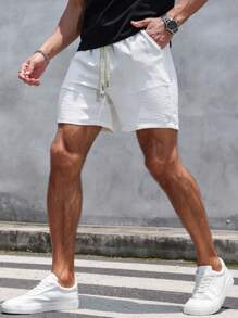 Manfinity Homme 男士纯色抽绳腰冰丝亚麻短裤纯色休闲度假白色抽绳短裤，适合老公、男朋友的礼物