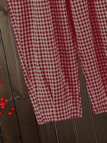 大码女式格子圆领短袖上衣和裤子 2 件套 - 紅色 - 查看 3