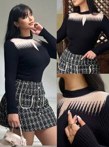 Flirla Plus Size Casual Long Sleeve Pullover Sweater Knit Pullover Fall Winter - Black - View 2