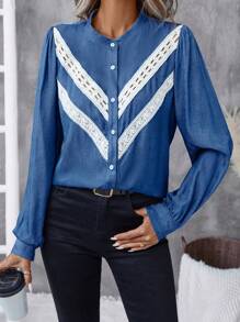 SHEIN LUNE Women's Front Button Long Sleeve Solid Color Patchwork Minimalist Casual Shirt Fall Cloth For Women - Blue - View 3