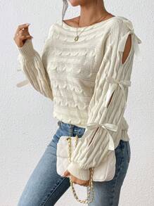 Chiquease Women's Solid Color Round Neck Hollow Out Long Sleeve Bow Decor Sweater, Autumn & Winter, Knit Pullover Fall - Apricot - View 4