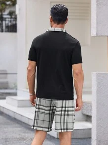Manfinity ModaGents 2pcs  Solid Color Patchwork Short Sleeve Casual Top And Shorts Set