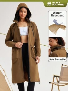 In My Nature 女士纯色拉链连帽夹克，带口袋，休闲外套 - 咖啡棕 - 查看 11