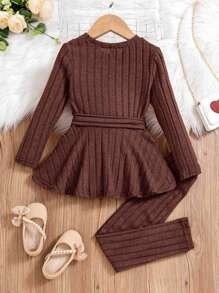 Elladie kids Young Girl Spring/Summer Solid Color Crew Neck Long Sleeve Knotted Waist Ribbed T-Shirt And Pants 2-Piece Casual Set - Brown - View 2