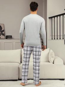 Men's Statement Gamepad Print Crew Neck Loungewear Set With Plaid Pants - Grey - View 2