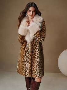 Anewsta 蓬松豹纹蓬松边饰 A 字腰长款女士外套 - 彩色 - 查看 5