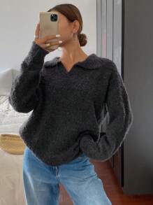 DAZY Oversized Casual Basic Long Sleeve Polo Neck Sweater,Fall Women Clothes - Black - View 7