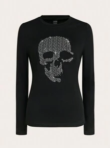 Chiquease T-shirt femme avec design de strass d'Halloween - Noir - Voir 1