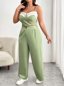 Calvaya 2pcs Plus Size Women Summer Contrast Color Cropped Camisole And Pleated Pants Casual Set - Green - View 3