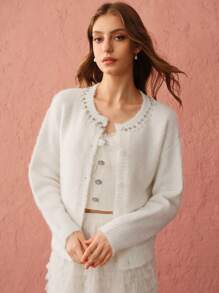 Enchnt Maglione casual ed elegante da donna con collo rotondo, polsini con bottoni e maniche lunghe, maglioni natalizi, maglioni da donna, cardigan da donna