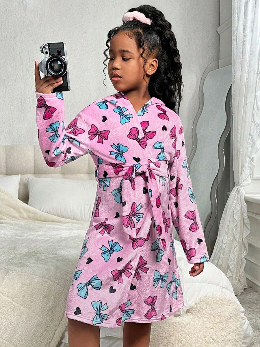 SHEIN Tween Girl's Bow Decor Long Sleeve Hooded Removable Waist Belt Flannel Bathrobe, Autumn/Winter - Pink - View 1