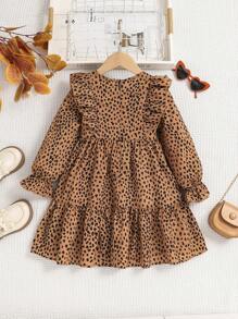 Emery Rose Kids Emery Rose Kids 年轻女孩夏/秋季豹纹荷叶边荷叶边袖连衣裙，非常适合夏秋季休闲日常穿着和上学日常穿着 - 彩色 - 查看 3