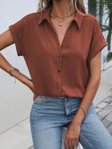 EMERY ROSE Áo sơ mi tay cánh dơi màu nâu đơn giản, rộng rãi cho nữ, mùa hè và mùa thu - Rỉ Nâu - Xem 4