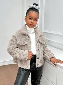 SHEIN 秋冬季 Tween Girl 双面纯色领口长袖夹克 - 駝色 - 查看 3