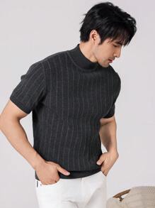 Manfinity Homme 男士休闲纯色立领短袖针织上衣，春秋季 - 黑色 - 查看 1