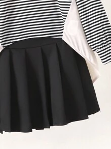 SHEIN 2pcs Tween Girl Knit Asymmetrical Patchwork Top And Pleated Skirt Set