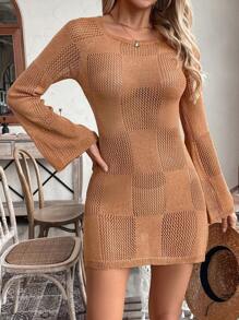 SHEIN Clasi Fashionable Backless Tied Strap Textured Floral Cutout Flare Sleeve A-Line Knit Dress For Vacation Fall Cloth For Women - Rust Brown - View 3