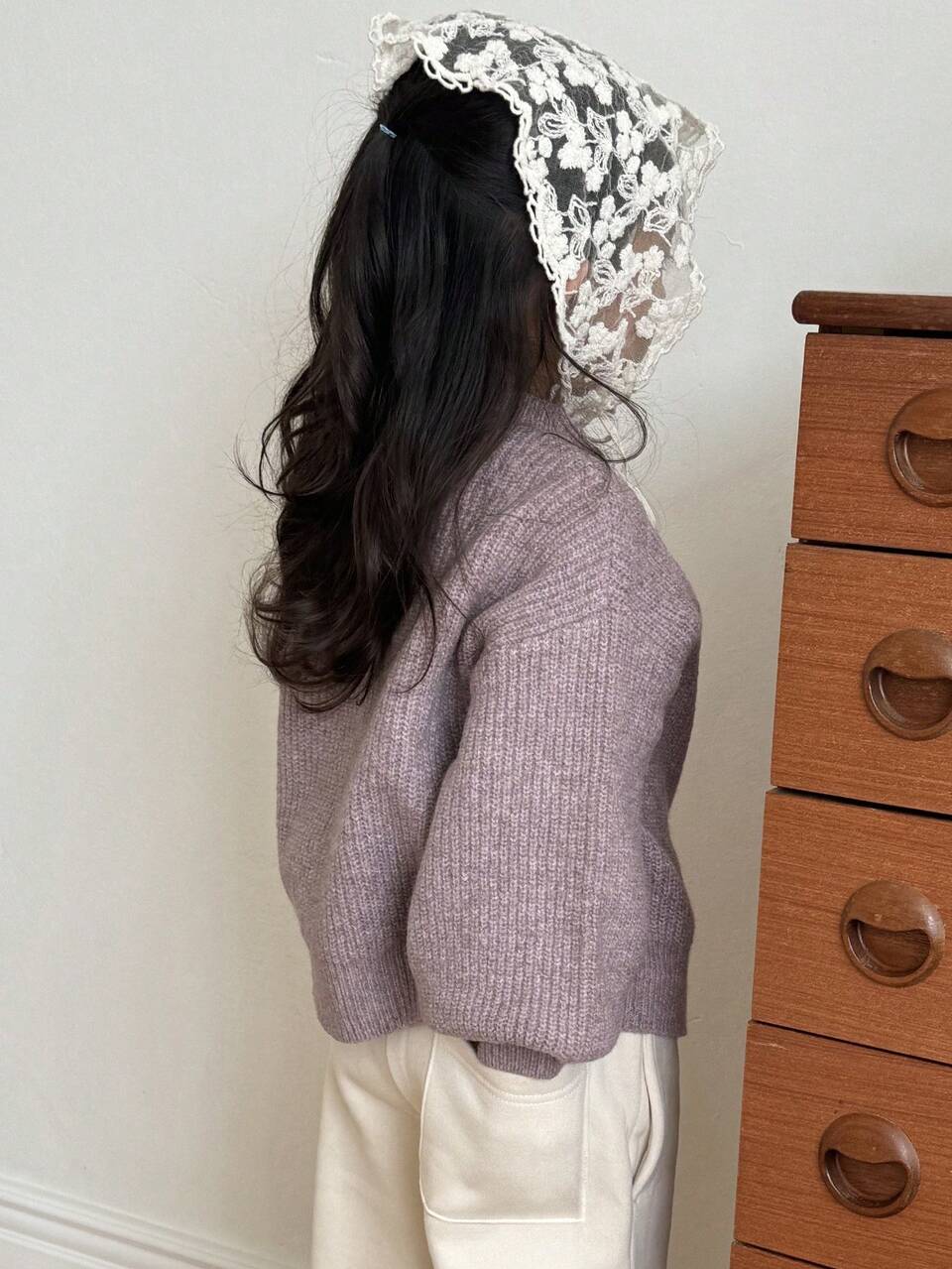 Young Girl Solid Color Drop Shoulder Long Sleeve Single-Breasted Casual Cardigan, Autumn/Winter