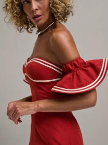 SHEIN Unity Women's Off-Shoulder Ruffle Trim Colorblock Midi Dress