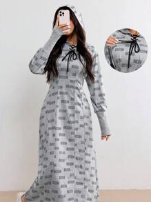 Seusyu Ladies' Casual Letter Print Hooded Dress Spring Autumn - Grey - View 3