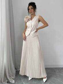 Chiquease 2pcs Women's Fall 3D Flower Embellished Sleeveless Vest And A-Line Pleated Skirt Suit Set
