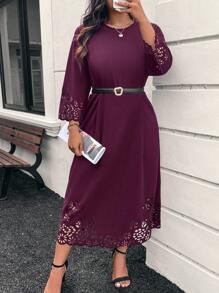 SHEIN LUNE Shell Trim Floral Embroidered Long Sleeve Midi Dress Plus Size Winter Clothes