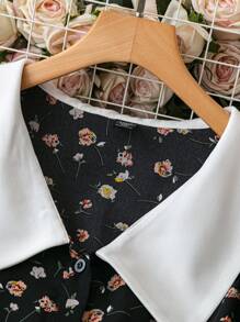 SHEIN Clasi Plus Size Floral Print Collared Long Sleeve Elegant Charming Dress - Black - View 5