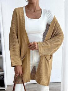 SHEIN Cottnline Women's Solid Color Bat Sleeve Double Pocket Pineapple Flower Cardigan For Autumn/Winter - Khaki - View 2