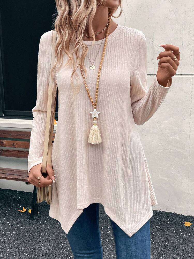 アシンメトリーヘム ロングスリーブ カジュアルTシャツ 無地テクスチャ