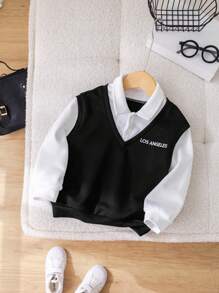 1 chiếc áo nỉ dài tay cổ chữ V rộng rãi 2 trong 1 cho bé trai, màu trắng và xanh lam tương phản, thích hợp cho các buổi đi chơi, đi học, mùa thu/đông - màu đen - Xem 3