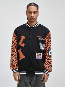 ROMWE MEN Street Life 秋冬季男士宽松豹纹字母休闲棒球夹克 - 黑色 - 查看 6