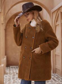 SHEIN Privé Teddy Double-Breasted Round Neck Pocket Mid-Length Coat Fall Cloth For Women - Coffee Brown - View 3