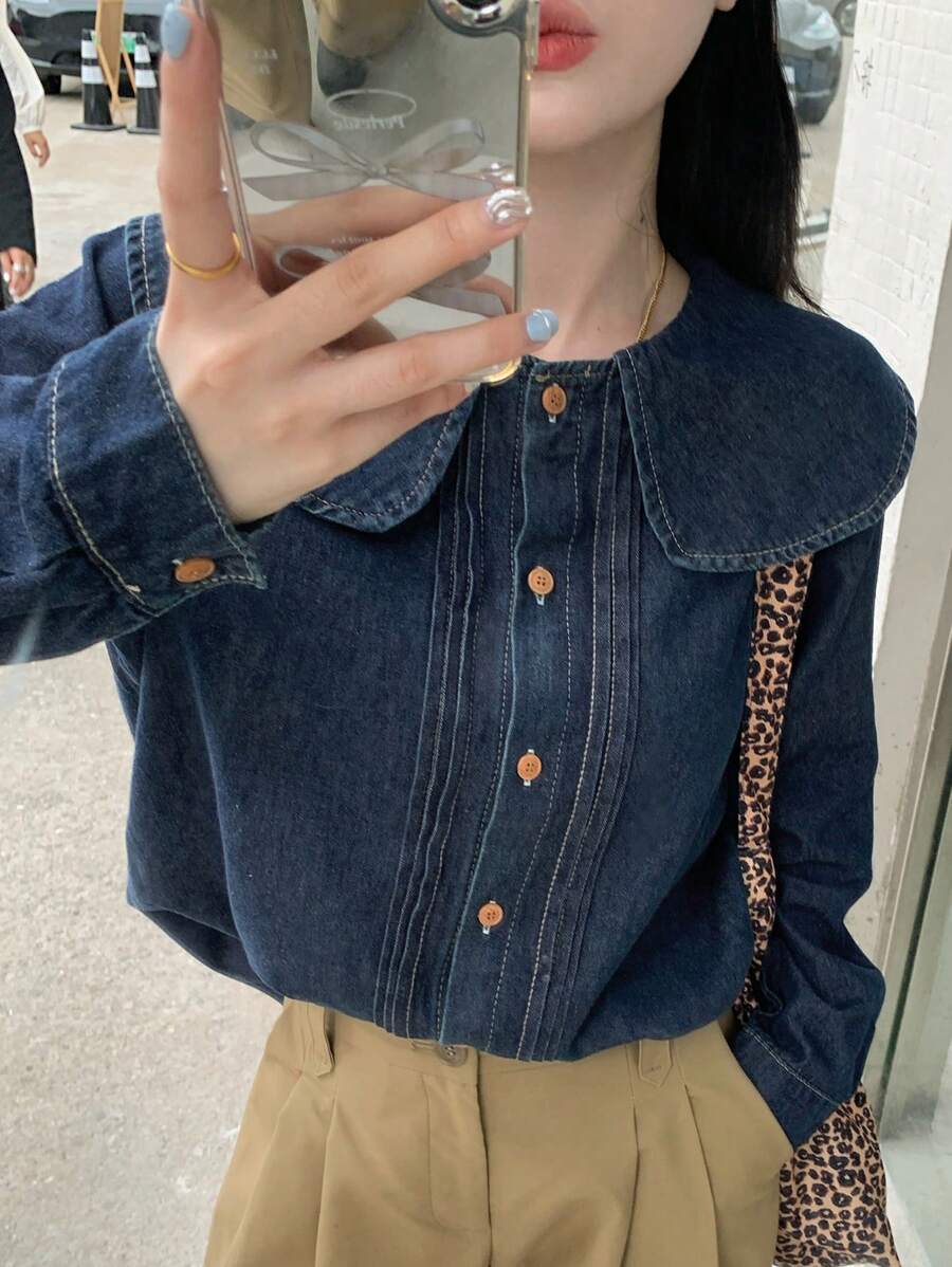 DAZY Women #39 s Loose Peter Pan Collar Single Breasted Long Sleeve Denim