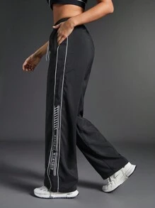 SHEIN 女士抽绳侧条纹休闲运动运动裤 - 黑色 - 查看 8
