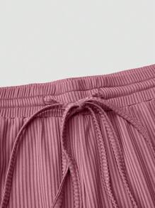 SHEIN Unity Plus Size Women Summer Solid Color Square Neck Short Sleeve Casual Bodysuit And Belted Pants Set - Pink - View 6