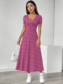 SHEIN PETITE Women's V-Neck Short Sleeve Floral Maxi Casual Dress (Random Cut) - Multicolor - View 3