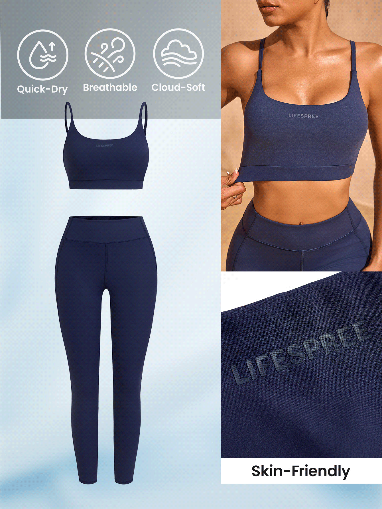 Easithlete 女士纯色无缝瑜伽套装 - 运动胸罩和紧身裤健身套装 - 藍色 - 查看 2