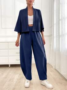 EURMUSE 2pcs/Set Casual Solid Color Daily Co-Ord Set - Jacket And Pants Day Time Navy Blue Autumn - Navy Blue - View 3
