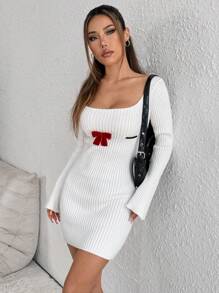 Flirla Women's Fashion Bow Accent Long Sleeve Sweater Dress - White - View 6