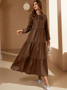 Mulvari Solid Color Front Tie Long Sleeve Ruched Minimalist Long Dress - Casual Daily Wear , Brown Maxi Women Outfit Fall Cloth For Women - Brown - View 5