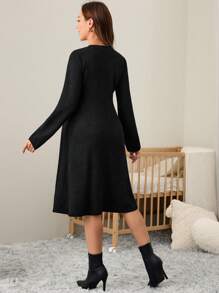 SHEIN Váy bầu tay dài dệt kim màu trơn cho bà bầu, mùa thu/đông - màu đen - Xem 2