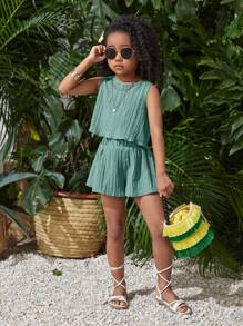 SHEIN 2pcs/Set Young Girl Woven Solid Color Crew Neck Sleeveless Top And Woven Solid Color Loose Shorts Set Green Dress Kids Girl